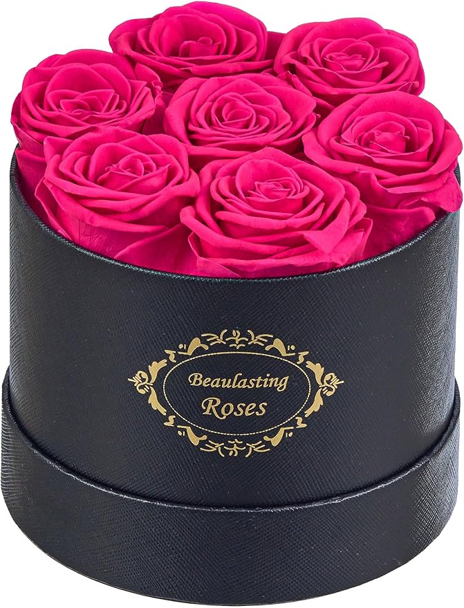 Beaulasting Long Lasting Preserved Roses in a Box Last a Year Forever Flowers for Her Mom Wife Anniversary Birthday (Round Black Box, Hot Pink)