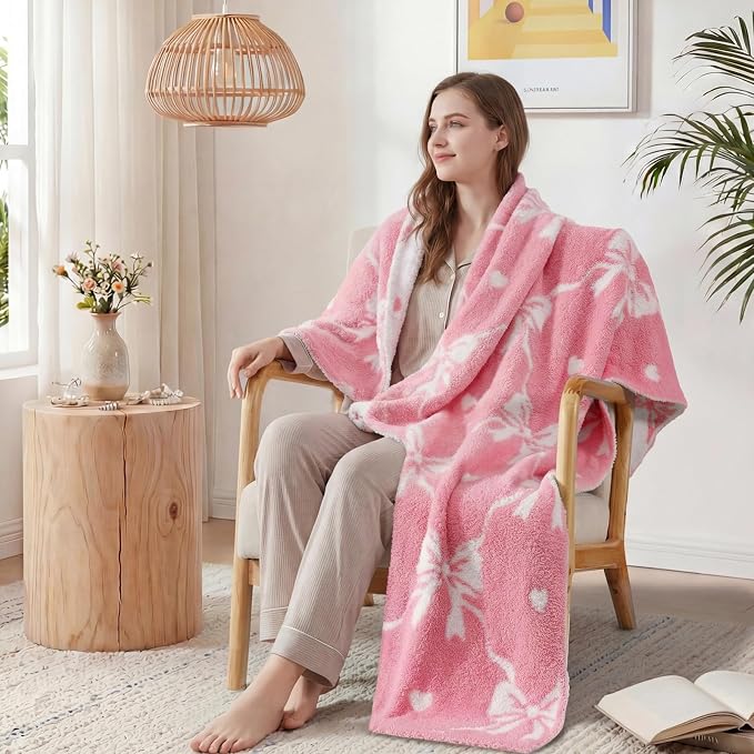 WRENSONGE Soft Throw Blanket for Couch-Cozy Reversible Knitted Blankets | Lightweight Warm Fluffy Decor for Women, Mom, Her & Girls, Sofa, Chair, Bed, 50x60in, Diamond Bowknot Pink