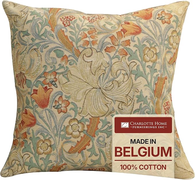 Charlotte Home Furnishings Inc Golden Lily Light Throw Pillow Covers 18x18, European 100% Cotton Jacquard Woven Fabric, Boho & Vintage Inspired Decorative Cushion for Living Room and Sofa