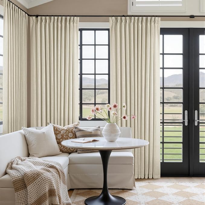 Pinch Pleated Extra Wide Curtain Panels 102 Inches Long 70 Wide Linen Curtain for Patio Sliding Glass Door Beige Hooks Rings Semi Sheer Privacy 102 Inch Length for Living Room 70x102 1 Panel
