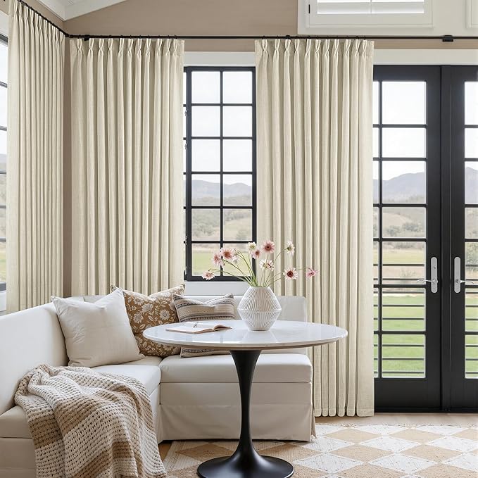 TWODRAPES Pinch Pleated Extra Wide Curtain Panels 84 Inches Long 70 Wide Linen Curtain for Patio Sliding Glass Door Beige Hooks Rings Semi Sheer Privacy 84 Inch Length for Living Room 70x84 1 Panel