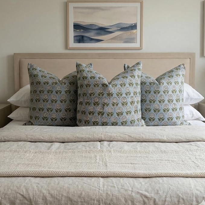 Linen Throw Pillow Covers 20x20 inch Blue Green Spring Decorative Pillow Covers for Living Room, Bedroom