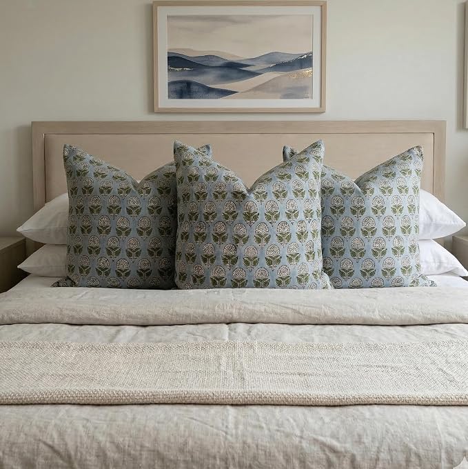 Linen Throw Pillow Covers 20x20 inch Floral Pillows Stripe Spring Decorative Pillow Covers for Living Room, Bedroom
