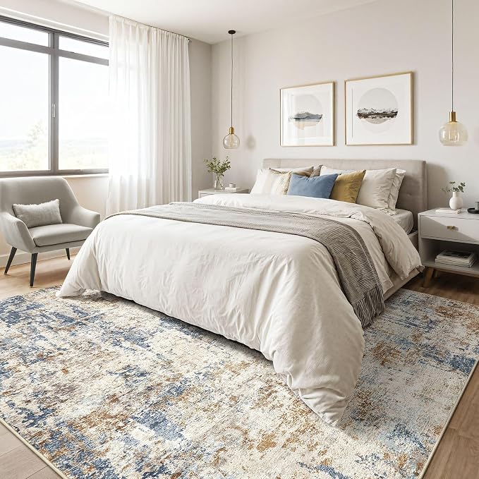 10x13 Area Rug Living Room: Washable Large Abstract Modern Soft Rugs Stain Resistant Indoor Floor Non Slip Accent Carpet for Bedroom Nursery Playroom Office Dining Room Dorm Home House- Tan