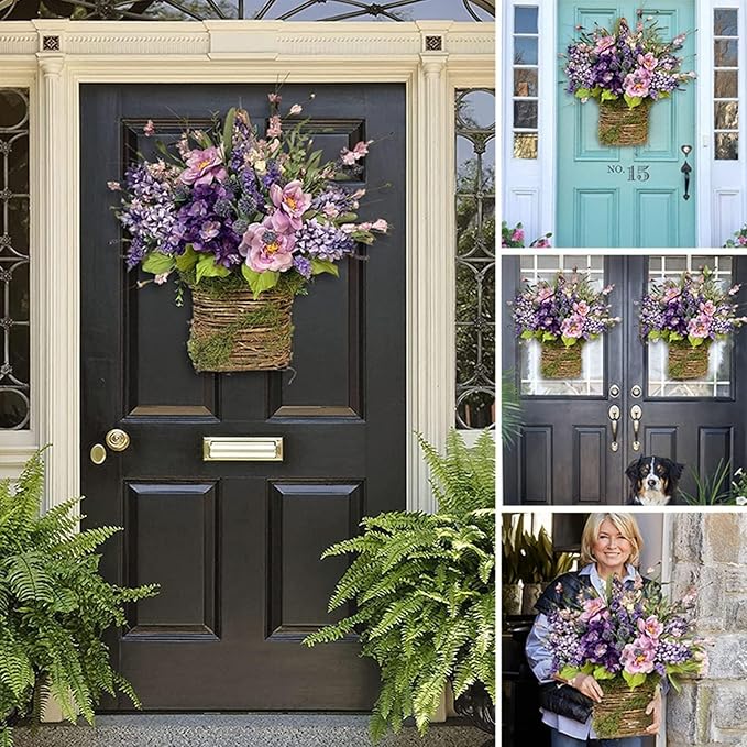 2026 Cream Hydrangea Door Hanger Basket Wreath, Spring Summer Wreaths for Front Door Wildflowers Front Door Basket Wreath Artificial Flower Hanging Basket for Home Farmhouse Seasonal Decor (B)
