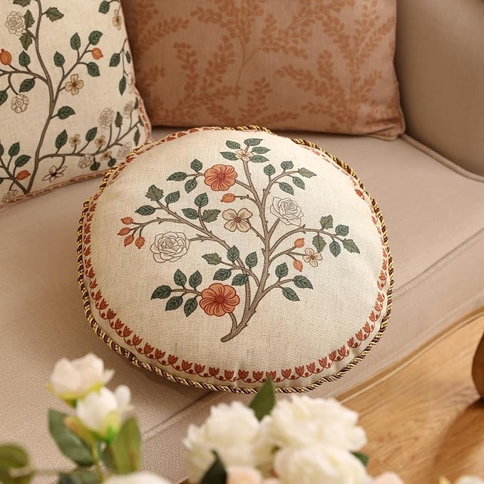ISAENNE Designer Linen Throw Pillow Cover,Set of 2,Diameter 16"-Flora B | Vintage French Round Decor Pillow Cover,Concealed Zipper Design,Floral Pattern,Sofas,Bedroom,Living Room,Lounge Chairs