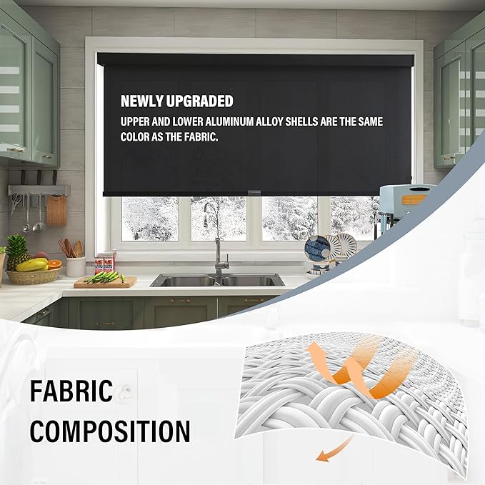 AOSKY Light Filtering Roller Shades Cordless Blinds for Windows, 1% Openness Free-Stop Shades with Valance, Thermal Insulated Fabric, UV Protection, Natural Woven Blinds（34" W x 72" H, Black）