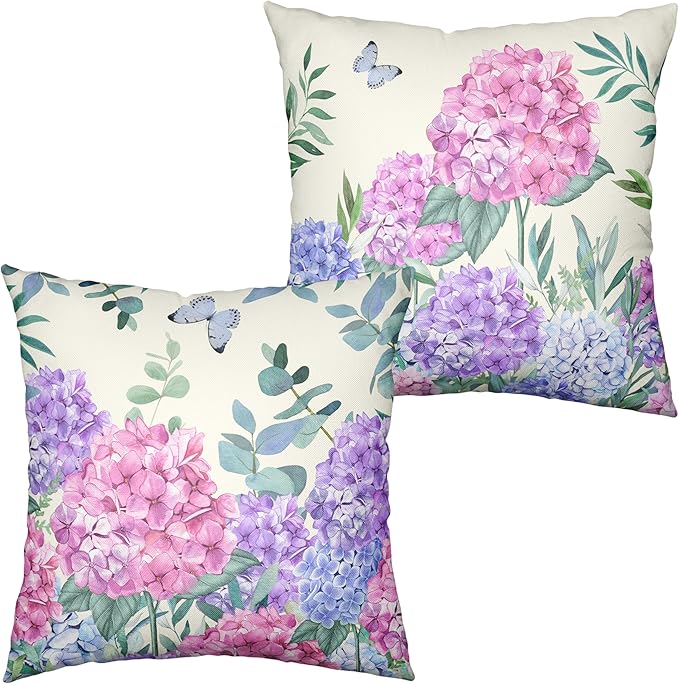Pink Hydrangea Pillow Covers Spring Flowers Outdoor Pillow Covers 22x22 Set of 2 Purple Pink Hydrangea Eucalyptus Pillow Case Cotton Linen Cushion Case for Sofa Garden Patio