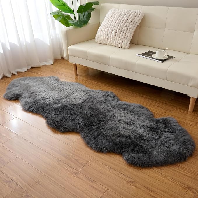 Premium Genuine Sheepskin Area Ruge - Real Wool Fur Shaggy Carpet | Fluffy Soft Natural Lambskin Rug Seat Chair Covers for Couch Sofa Bedroom Living Room(Dark Grey,2×6 Feet Sheepskin)