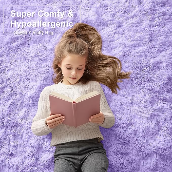 OLANLY 5x7 Machine Washable Large Area Rugs for Living Room, Bedroom, Soft Fluffy Shaggy Bedside Rug, Indoor Floor Carpet for Kids Girls and Boys, Dorms, Nursery, Home Decor Aesthetic, Light Purple