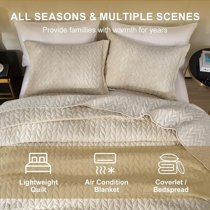 Ivellow Luxury Velvet Quilt Set Queen Size Bedding Sets Lightweight Ultra Soft Velvet Comforter Set Leaves Chevron Stitch Oversized Bedspread Coverlet 3 Pcs Full Bed Cover Sets for All Seasons Beige