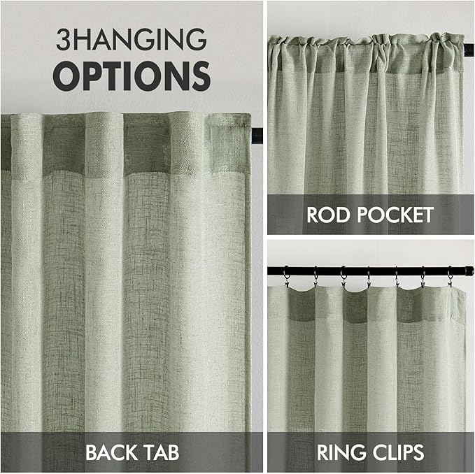 MIULEE Sage Linen Curtains 90 Inch Length 2 Panels for Bedroom Living Room,Green Soft Thick Linen Textured Window Drapes Semi Sheer Light Filtering Back Tab Rod Pocket Burlap Look Decor