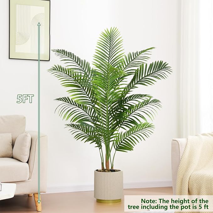 Artificial Palm Tree Indoor Plant 5FT Tall Fake Tropical Palm Tree in Pot, Real Bark Design Faux Areca Palm Tree for Home Office Living Room Bedroom Farmhouse Modern Outdoor Topiary Tree