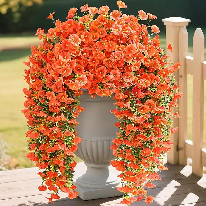 Serwalin Artificial Hanging Flowers for Outdoors Decoration, 8PCS UV Realistic Resistant Silk Artificial Fake Plants Outdoor for Porch Patio Balcony Planter Garden Yard Decor (Orange,8PCS)