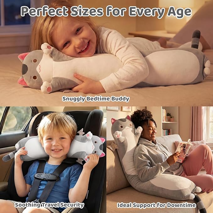 Mewaii Long Cat Plush 5 Sizes, 120% Extra Filling Giant Plushness Kids Body Pillow, Kawaii Cute Grey Cat Stuffed Animals Plushies, Big Long Body Pillow Cat Plush Gift for Girls 53”