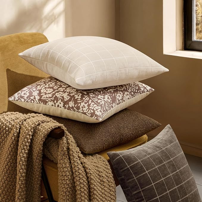 MIULEE Decorative Chenille Check Euro Shams Throw Pillow Covers Vintage Plaid Couch Pillows 26x26 Inch Set of 2 Neutral Boho Farmhouse Cushion Covers Spring Decor for Sofa Bed Living Room Beige