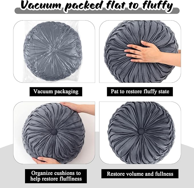 Drydiet 3 Pcs Round Throw Velvet Pillows Decorative Pleated Throw Pillows Diameter Accent Pumpkin Boho Chair Cushion for Couch Sofa Home Decoration (Black,White,Gray,15'')