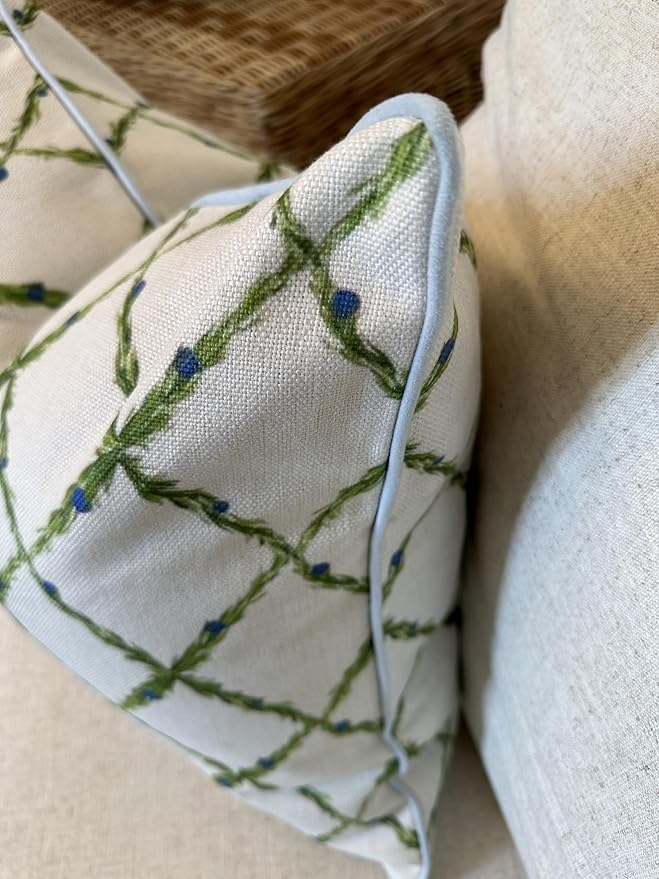 Jillien Harbor “The Lattice” Spring Decorative Festive Pillow Cover – Garden-Inspired White Accent Pillow Cover with Grey-Blue Pipping – Grandmillennial Home Decor, 20" x 20"