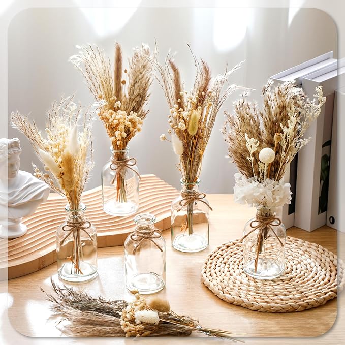 Nuanchu 10 Set Dried Pampas Grass Centerpiece for Wedding 10 Small Glass Vases 10 Dried Pampas Grass Bouquet with Rope for Baby Shower Rustic Bridal Party Farmhouse Decoration(5 Style)