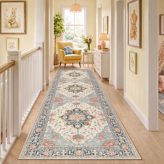 RELEANY Area Rugs Runner 3'x10' Washable Non-Slip, Floral Vintage Distress Medallion Carpet for Kitchen Hallway Bedroom Beside Laundry Room Bathroom, Beige Navy Blue Orange Colorful