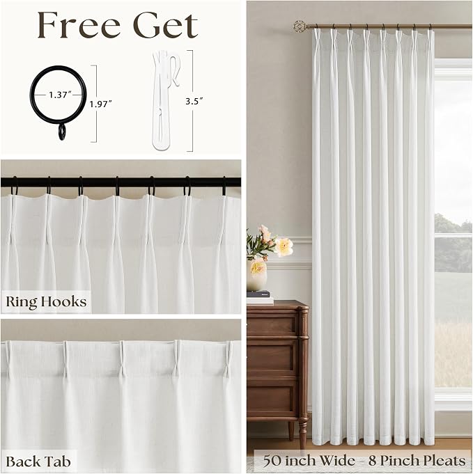 102 Inch Long Curtains Pinch Pleat Linen Curtains for Living Room Bedroom Cream White Light Filtering Privacy Neutral 102 Inch Pleated Drapes Hooks Rings Back Tab for Window Sliding Door 1 Panel