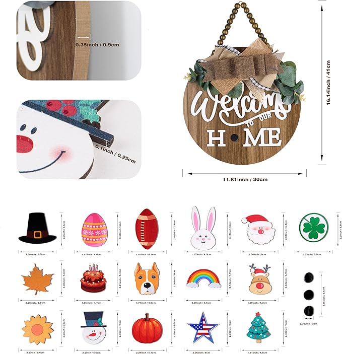 CondorPasea Interchangeable Welcome Door Sign with 16 Different Replaceable Patterns - 12" Round 3D Rustic Wooden Front Porch Decor, Artificial Leaves & Rustic Beads, Farmhouse/Classroom All Seasons Holiday (Christmas Halloween) Welcome Home Hanging Sign