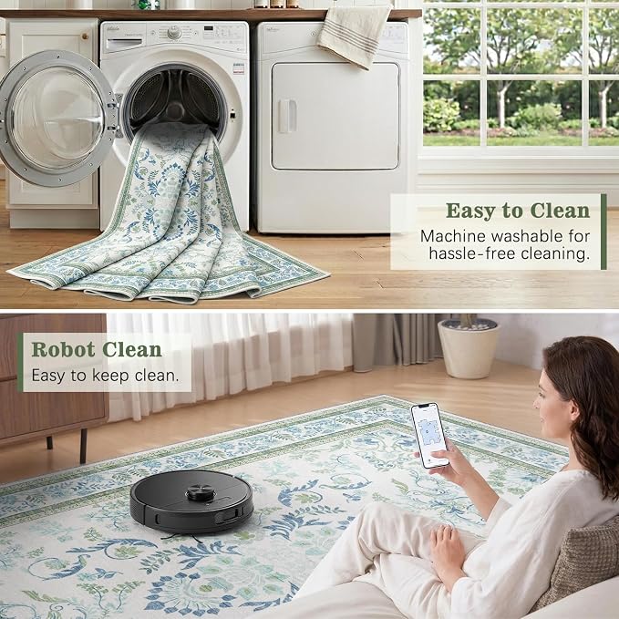 DCX Green 2x3 Entryway Rug, Kid & Pet Friendly with Rubber Back Non Slip, Machine Washable Stain Resistant Botanical Floral Rug for Bathroom, Kitchen, Soft Low Pile Small Carpet