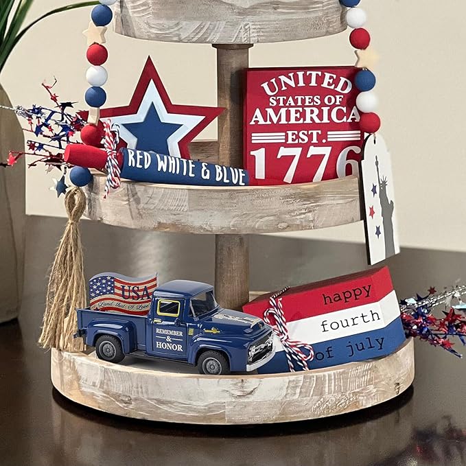 4th of July Patriotic Truck Decor, Red White and Blue Decorations Tiered Tray, Rustic Farmhouse Tabletop Centerpiece for Memorial Day Independence Day Decorations for Home Office