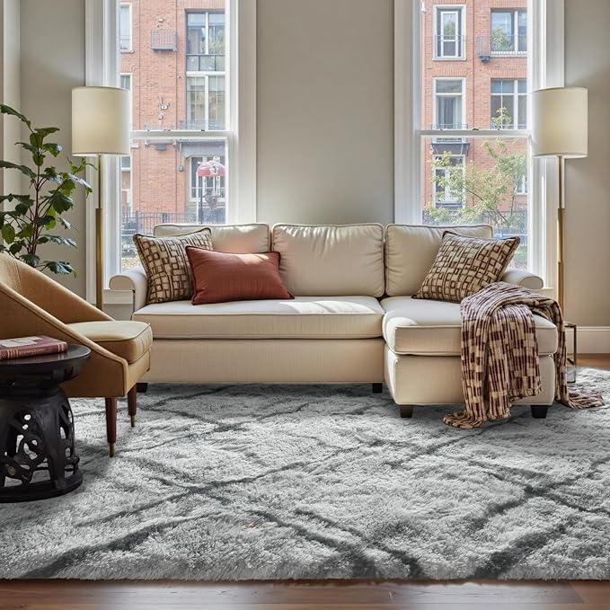 FinRèc Area Rugs for Bedroom Living Room, 4x6 Feet Fluffy Shaggy Rug, Non-Slip Soft Shag Rug for Nursery Kids Room Dorm Room Home Decor, Indoor Plush Floor Carpet Star Grey