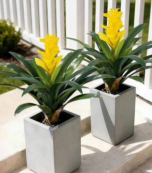 Ivydale Fake Flowers Plants for Outdoors, 2 Pcs 16.93" Bromeliad Artificial Flowers Uv Resistant Realistic Faux Flowers for Outdoor Planters Outside Porch Patio Yard Garden Indoor Decoration(Yellow)