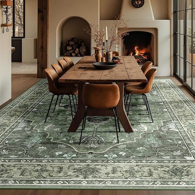 RELEANY Area Rugs 10'x14' Washable Non-Slip, Floral Vintage Distress Print Pattern Medallion Carpet for Living Room Bedroom Dining Room, Dark Green Gray