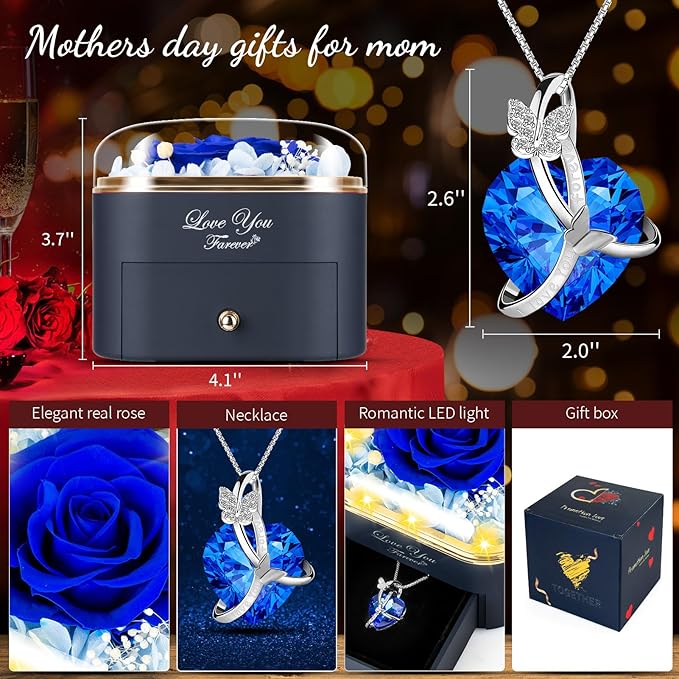 ENERLEAF Preserved Blue Real Rose with Necklace Jewelry Box -Eternal Flowers Rose Gifts for Grandma Wife Girlfriend on Valentines Mothers Day Christmas Birthday Anniversary Romantic Gifts for Her