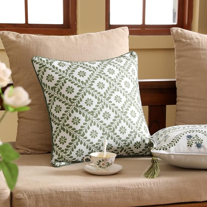 ISAENNE Designer Linen Throw Pillow Cover,Set of 2,18"x18"-Mosella C | French Elegant Square Decor Pillow Cover,Concealed Zipper Design,Floral Pattern,Sofa,Bedroom,Living Room,Lounge Chairs