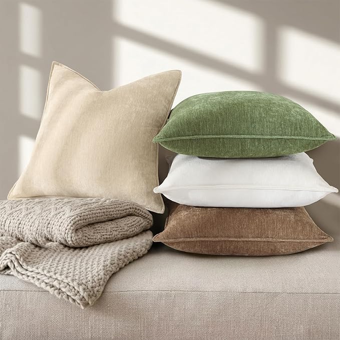 decorUhome Summer Couch Euro Sham Throw Pillow Covers 26x26 Set of 2, Decorative Soft Velvet Modern Cozy Chenille Pillow Cases with Elegant Design for Sofa Bed Living Room Home Decor, Beige