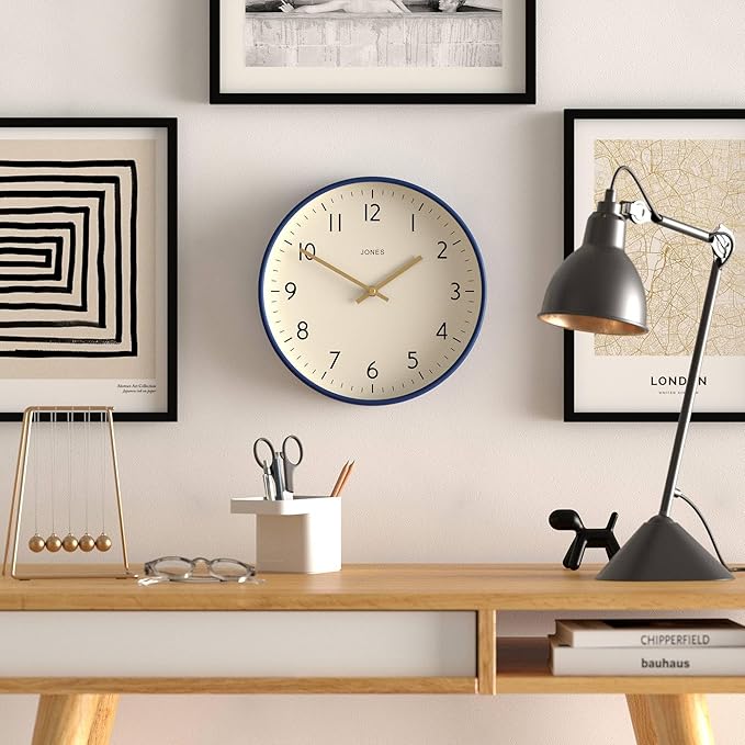 JONES CLOCKS® Studio wall Clock | Modern Round Style | 12 inch | Dark Navy Blue | Easy to Read Numbers | Versatile Design for Kitchen, Living Room or Office
