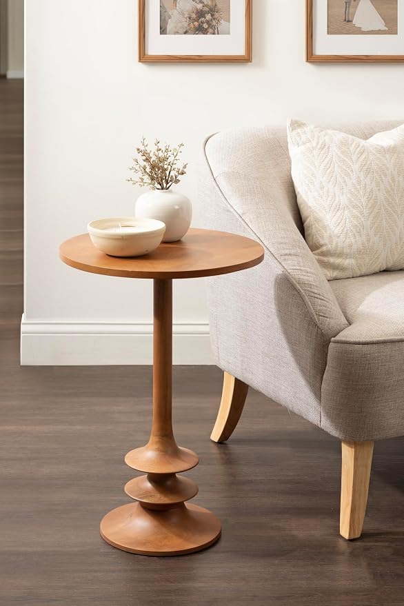 Kate and Laurel Squires Modern Mango Wood Round Side Table, 16 x 16 x 24, Warm Natural, Sculptural Pedestal Circle End Table for Use as a Bedroom Nightstand or Living Room Plant Stand Option