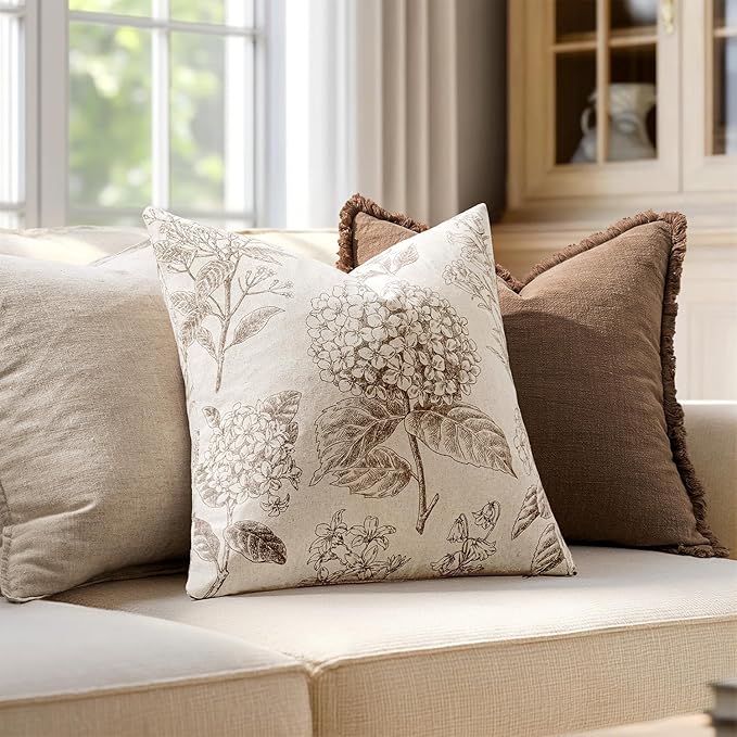 Set of 2 Decorative Floral Neutral Pillow Covers 22x22 Inch Light Brown Hydrangea Print Spring Boho Vintage Throw Cushion Covers for Sofa Couch Porch Bedroom Living Room Summer Home Decor