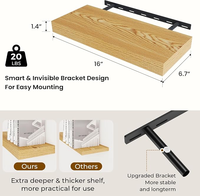 Dreamland 16" Floating Shelves 6.7" Deep Wall Mounted Set of 2 | Wall shelves for bathroom, bedroom, Living Room, kitchen, deep wall mount wood storage display for home decor 16" x 6.7"