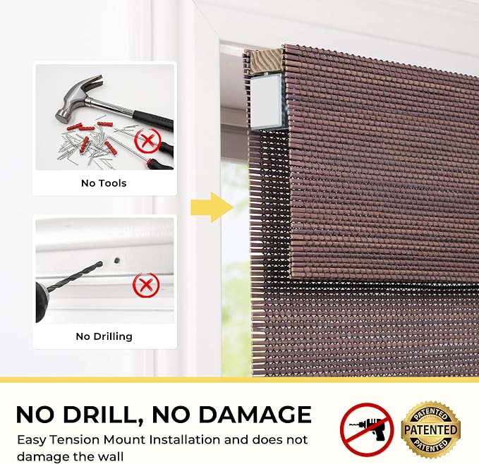 UNISHADES No Drill Cordless Bamboo Roman Shades, 27×64 in, Coffee | Natural material, Light Filtering, Easy Install