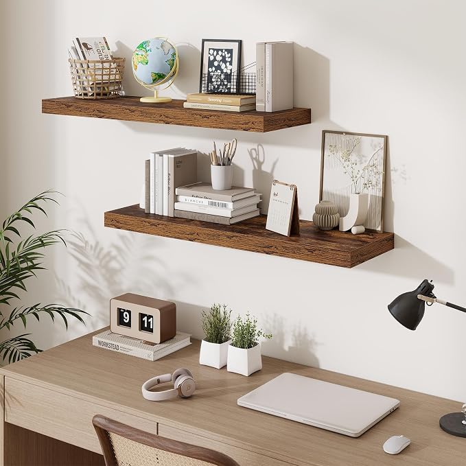 Fun Memories Floating Shelves for Wall 36 Inches, Wood Shelves with Invisible Bracket, 10" Deep Shelves Wall Mounted, Large Floating Shelves for Living Room Bathroom, Rustic Brown, Set of 3