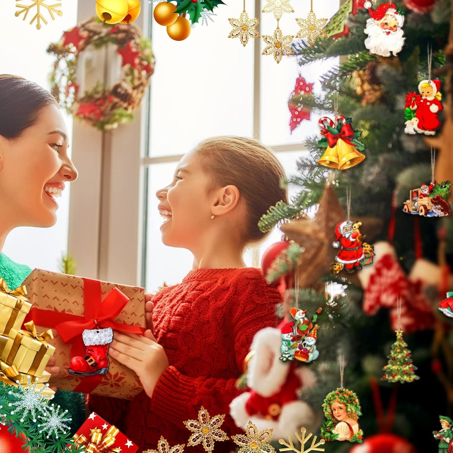 48 Pcs Victorian Style Wood Christmas Tree Ornaments - Hanging Vintage Decorations With Santa Claus and Snowman - Retro Wooden Ornament (Vivid Style)