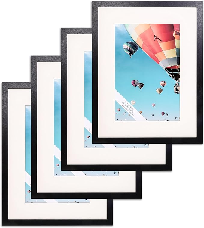 The Display Guys - Black Wooden Minimalist Picture Frames Set - Tempered Glass - 18x24 matted to 12x18 - Wall Hanging - 4-Pack