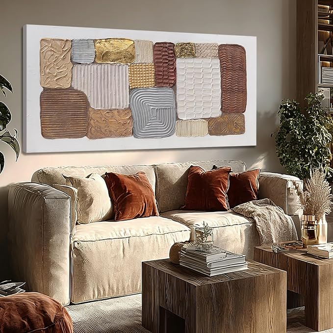 Dolidoteart Canvas Wall Art, Large Abstract Wall Art Print in Neutral Brown Beige Gold, Geometric Textured-Look Artwork for Living Room Bedroom Office, 24x48 Inch