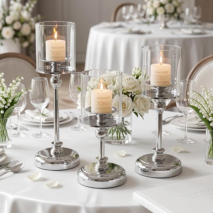 Sliver Hurricane Candle Holders - Set of 3 Tall Candlestick Holders Windproof Taper Candle Holders, Metal Stand for Table Centerpiece Outdoor Indoor Wedding Party Holiday Decor
