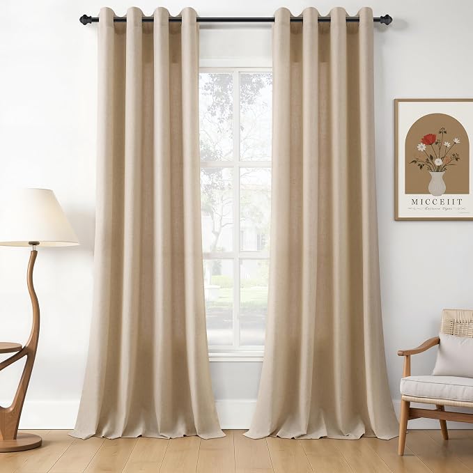 Taupe Burlywood Linen Curtains 84 Inches Long for Living Room Light Filtering Semi Sheer Curtain Grommet Rustic Luxury Neutral Modern Farmhouse Sheer Drapes for Bedroom Dinner Room 52x84, 2 Panels