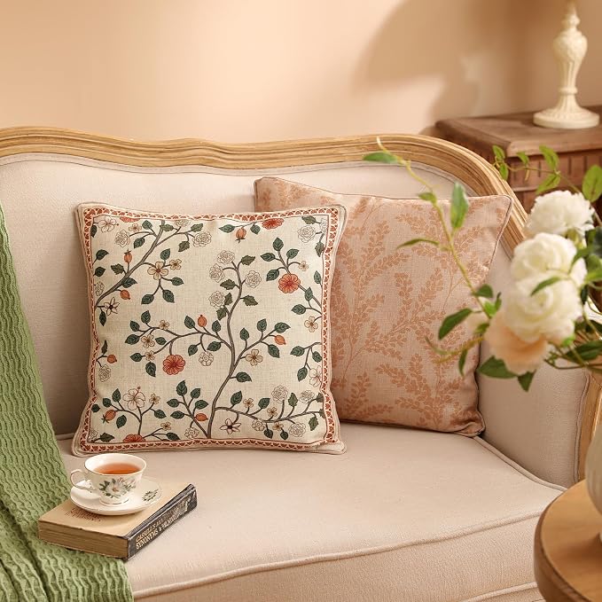 ISAENNE Designer Elegant Vintage Linen Throw Pillow Cover,18"x18"-Flora A | French Square Decor Pillow Cover,Concealed Zipper Design,Floral Pattern,Sofa,Bedroom,Living Room,Lounge Chairs