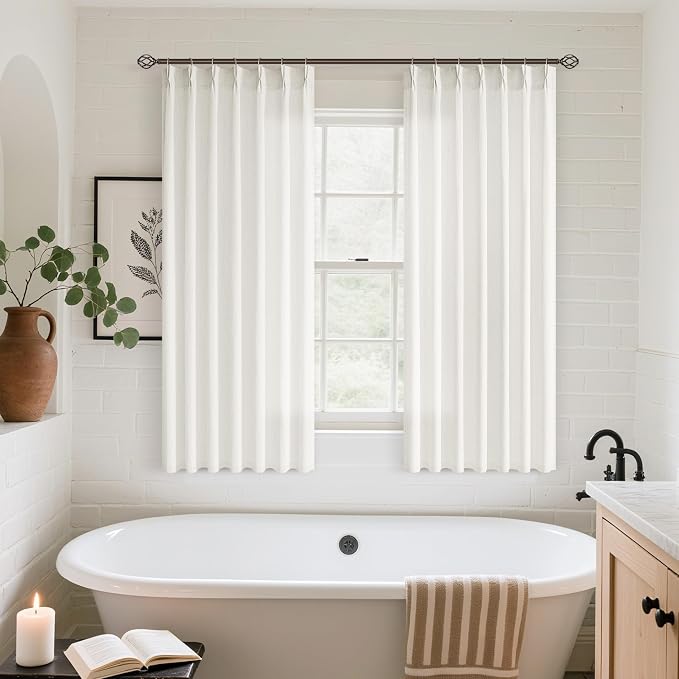 Cream Semi Sheer Linen Pinch Pleated Curtains 54 Inch Long | Neutral Ivory Beige Natural, Small, Light-Filtering Privacy, Bedroom, Boho Modern, Hook Rings Memory Shape, Burlap Textured