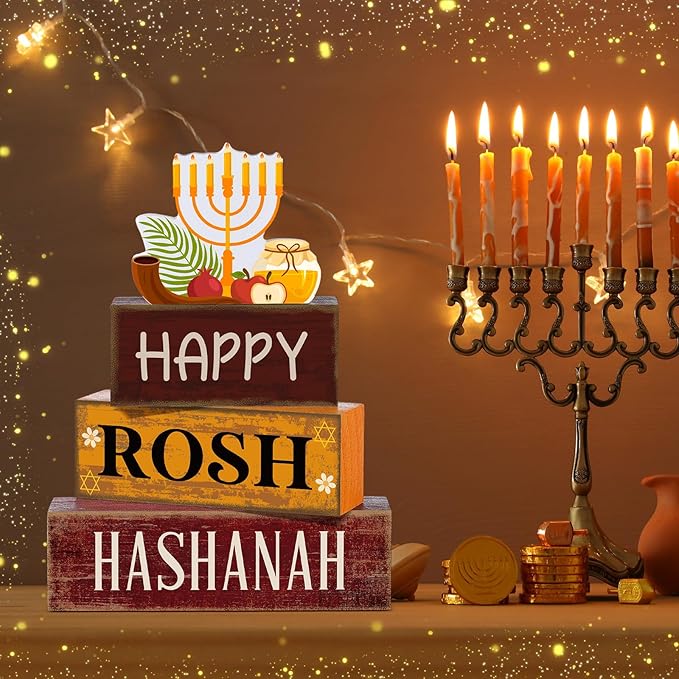 4 Pcs Rosh Hashanah Tables Decorations Happy Rosh Hashanah Wooden Tabletop Jewish New Year Party Decorations Rustic Block Centerpieces Sign for Gift Crafts Home Desk Shelf Shana Supplies