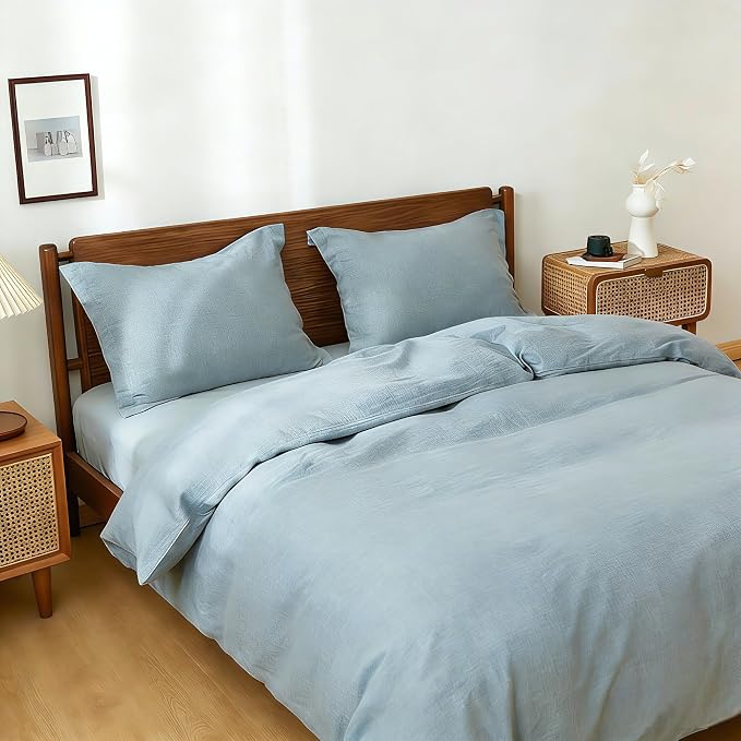 Simple&Opulence 100% Linen Duvet Cover Set, 3 PCS Natural French Flax Dusty Blue Duvet Cover Queen Size, Breathable Soft Comfy Linen Bedding Comforter Cover with 2 Pillowcases(Dusty Blue, 88"x92")