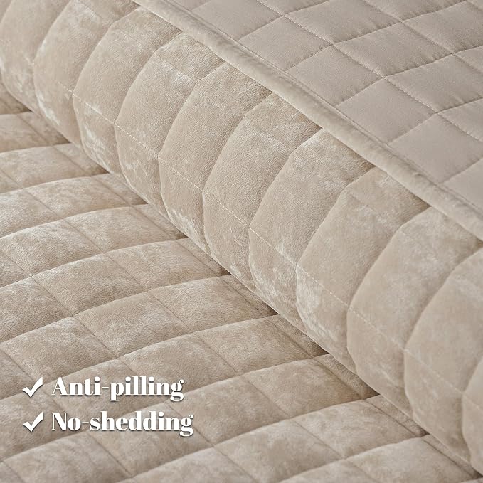 PHF Luxurious Velvet Quilt Set King Size – 3PCS Super Soft Quilted Comforter Alternative with Square-Box Quilt Pattern, Warm Quilted Bedspread Coverlet, 108" x 92", Oxford Tan